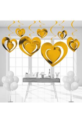 3 Boyutlu Spiralli Altın Renk Kalp Şekilli Tavan Asma Süsü 12 Adet