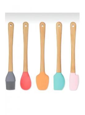 5'li Renkli Ahşap Saplı Silikon Uçlu Spatula Fırçalı Kaşık Seti -Yemek Hazırlık Seti 21 Cm