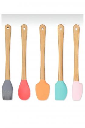 5'li Renkli Ahşap Saplı Silikon Uçlu Spatula Fırçalı Kaşık Seti -Yemek Hazırlık Seti 21 Cm