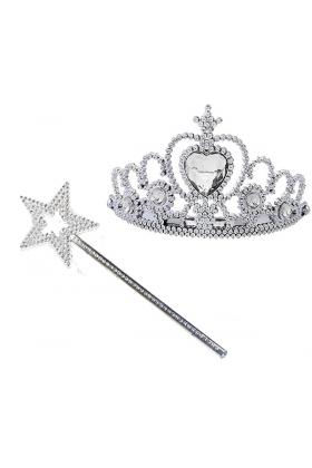 Metalize Gümüş Kalp Prenses Tacı ve Metalize Prenses Yıldız Asa