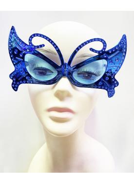 Metalize Kelebek Şekilli Parlak Parti Gözlüğü Mavi Renk 15x9 cm