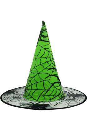 Yeşil Renk Örümcek Desen Temalı Halloween Cadı Şapkası Büyücü Şapkası