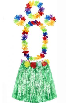 Yetişkin ve Çocuk Uyumlu Luau Aloha Hawaii Yeşil Etek ve Renkli Kolye Taç 2 Adet Bileklik Seti